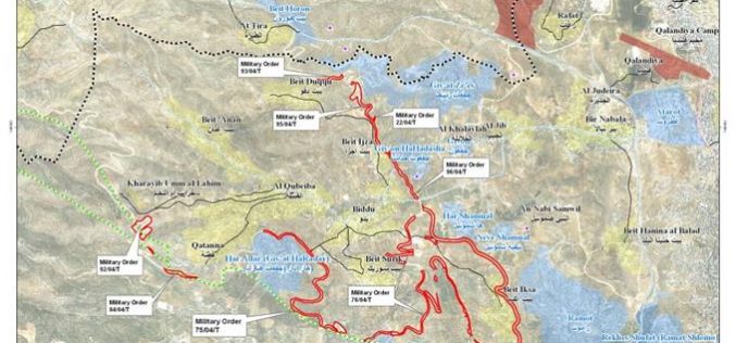 Ordres militaires israéliens d’étendre la confiscation de 128 hectares pour terminer la construction du Mur de Ségrégation au Nord-Ouest de Jérusalem