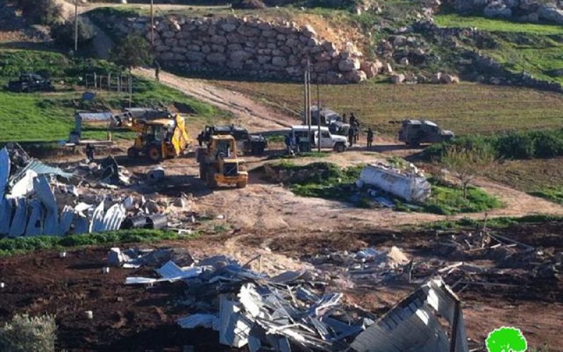 The Israeli occupation demolishes a agricultural barrack and a dairy workshop in Dura village