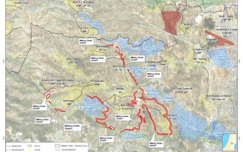 Ordres militaires israéliens d’étendre la confiscation de 128 hectares pour terminer la construction du Mur de Ségrégation au Nord-Ouest de Jérusalem