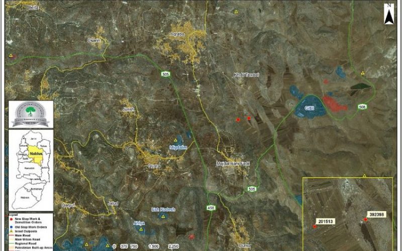 Israeli Occupation Forces notify a structure of demolition and a road of stop-work in the Nablus hamlet of Al-Tawil