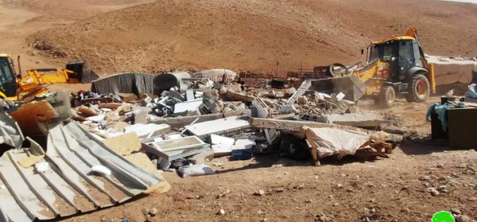 Israeli Occupation Forces demolish a residence in the Masafer Yatta hamlet of Al-Halawah