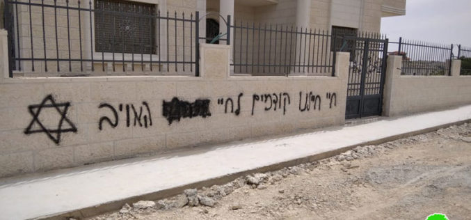 مستعمرون يخطون شعارات عدائية على جدران منزلين بقرية بيتين/ رام الله