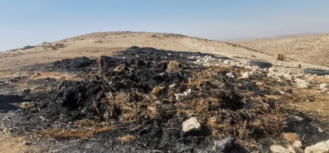 مستعمرون يحرقون بالات قش في الطوبا شرق يطا بمحافظة الخليل