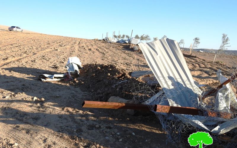 The Israeli occupation demolishes an agricultural service room and bulldozes a metal fence in the village of Al-Fraijat, south of Al-Ramadin, in Hebron Governorate