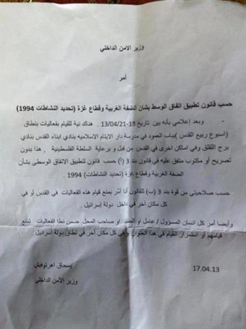 Israeli Violations of Palestinian Rights in the Occupied City of Jerusalem during the month of April 2013