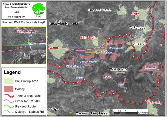 Israeli revised Wall path cuts linkage between Kafr Laqif,  Azzun Ashamalia villages and Nablus city