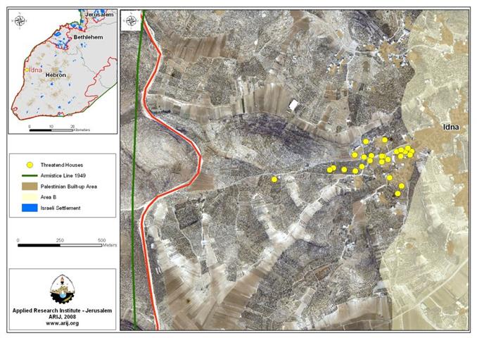 3 Demolishing orders in Idhna Town west of Hebron city  ” The Israeli Army notifies 24 Palestinians to halt construction with possible –more likely- demolishing act “