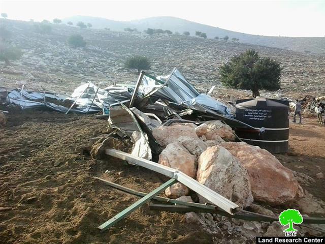 The Israeli occupation demolishes a number of agricultural structures and confiscates tools