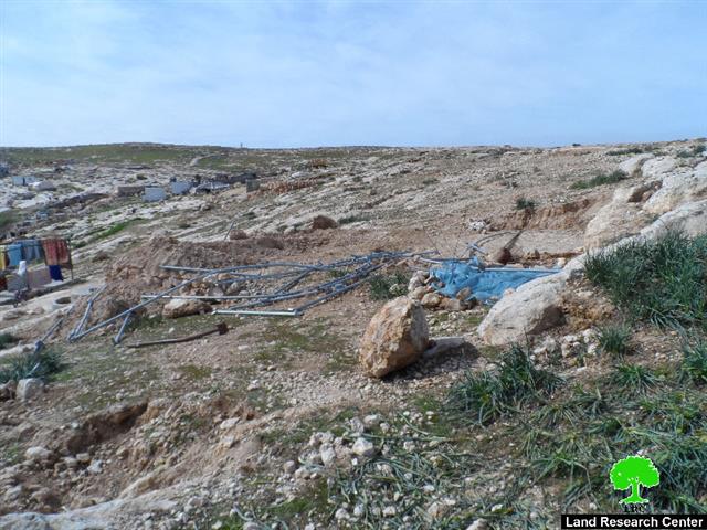 The Israeli Occupation Forces demolish a residential tent in the Hebron town of Yatta