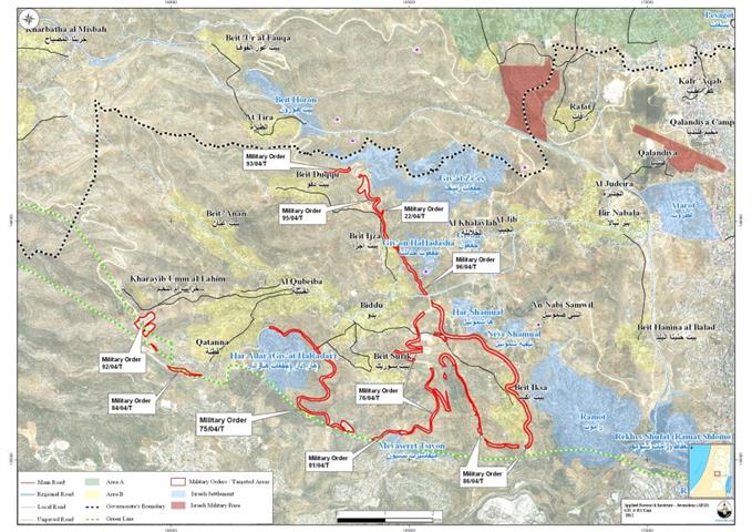 Ordres militaires israéliens d’étendre la confiscation de 128 hectares pour terminer la construction du Mur de Ségrégation au Nord-Ouest de Jérusalem