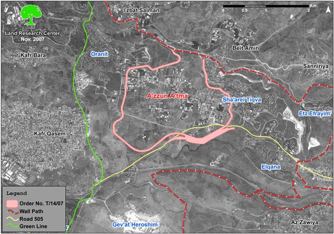 Azzun Atme village engulfed by two walls