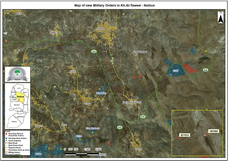 Israeli Occupation Forces notify a structure of demolition and a road of stop-work in the Nablus hamlet of Al-Tawil