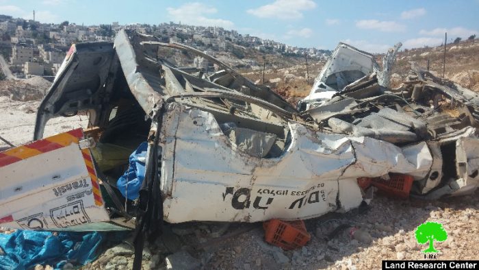 The Israeli occupation municipality demolishes a tent and ravages agricultural land in Sur Baher village in Jerusalem
