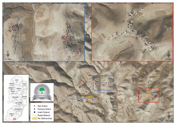 إخطارات بوقف العمل والبناء في 37 مسكناً ومنشأة في المجاز والتبان شرق يطا