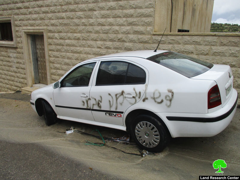 Israeli colonists paint Anti-Arab graffiti on several cars in Jit village in the West Bank.
