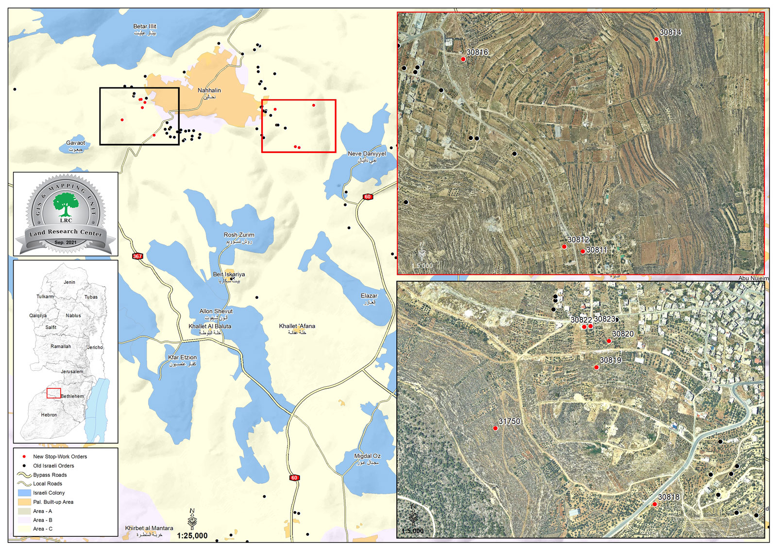 سلطات الاحتلال تصدر أوامر بوقف العمل والبناء ل 12 مسكناً ومسجداً في بلدة نحالين / بمحافظة بيت لحم