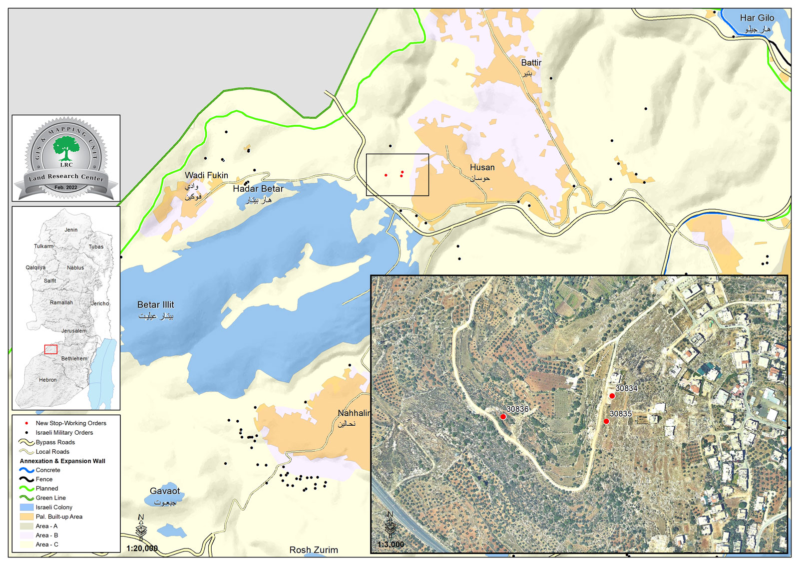 سلطات الاحتلال تصدر أوامر بوقف العمل والبناء لمساكن في قرية حوسان/ محافظة بيت لحم