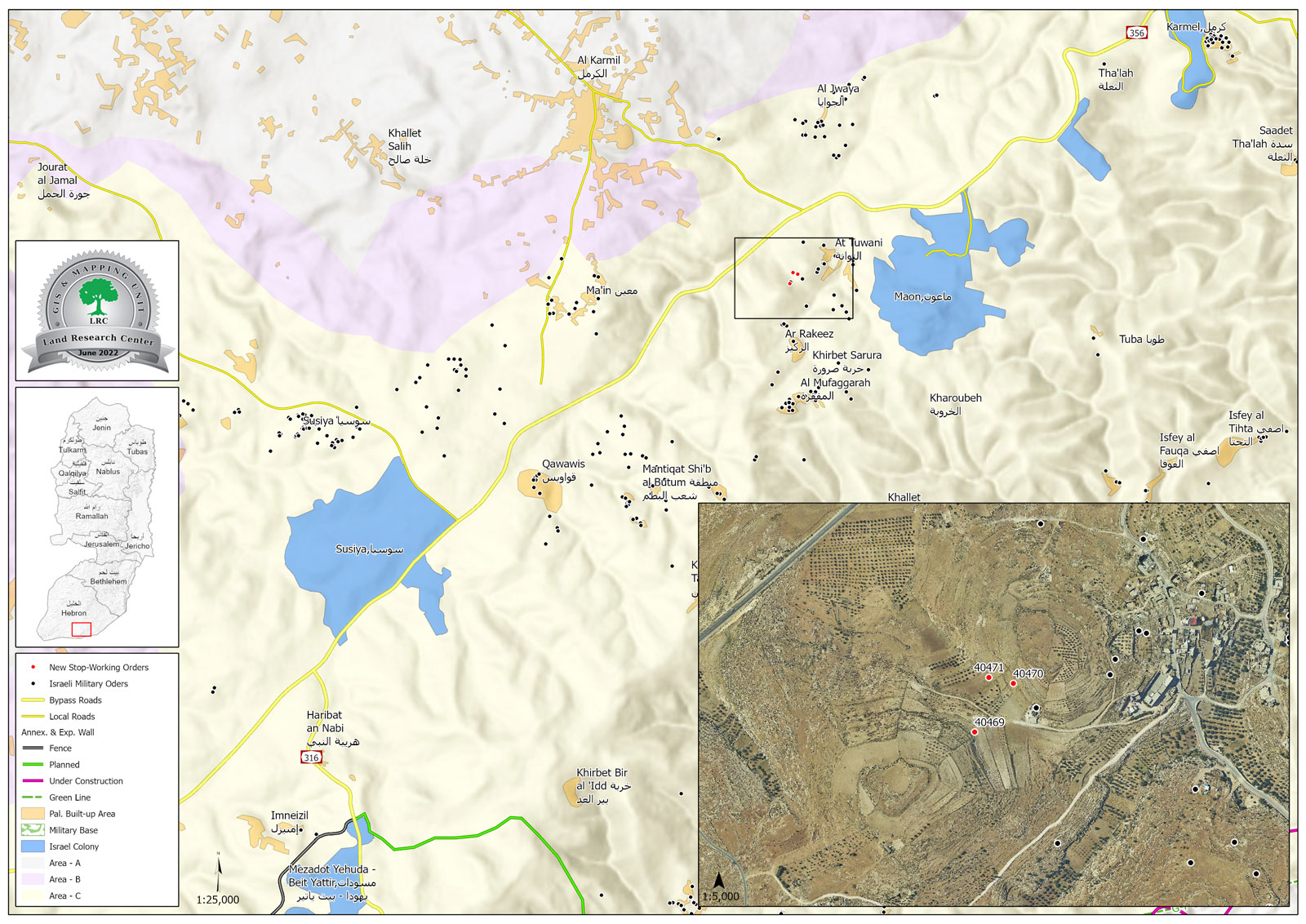 Notifications to stop work in 3 houses in the village of Al-Tawani, east of Yatta, south of Hebron