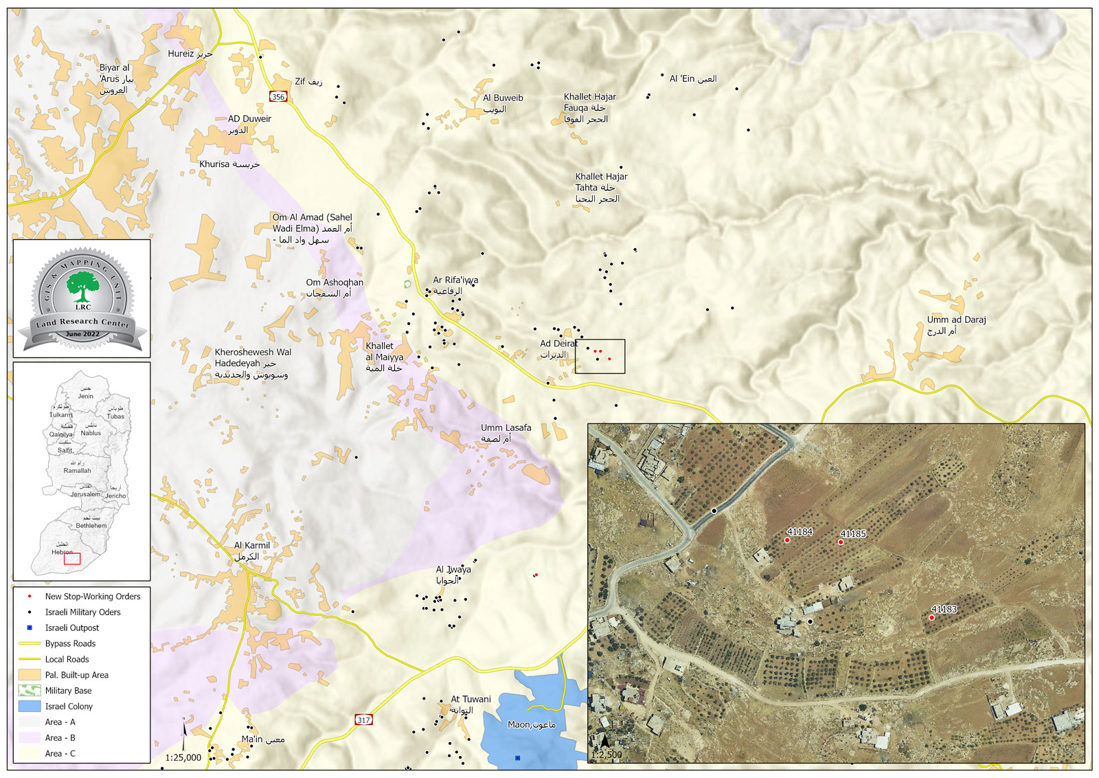 Notifications to stop work in 3 houses in the village of Al-Dirat, east of Yatta, south of Hebron