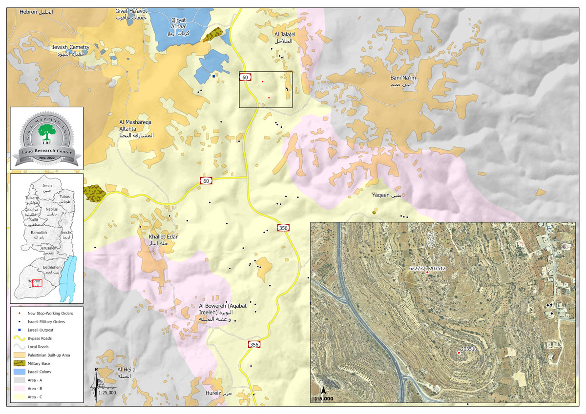 إخطارات بوقف العمل والبناء في مسكنين لعائلة جابر غرب بلدة بني نعيم بمحافظة الخليل