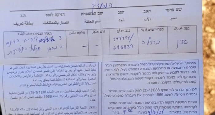 اخطارات اسرائيلية بوقف العمل في قرية بردلة